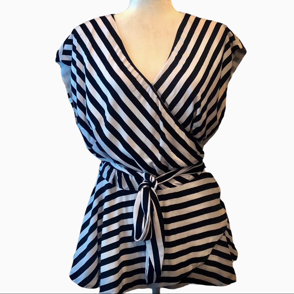 NWT LOFT Black and White Striped Wrap Top
